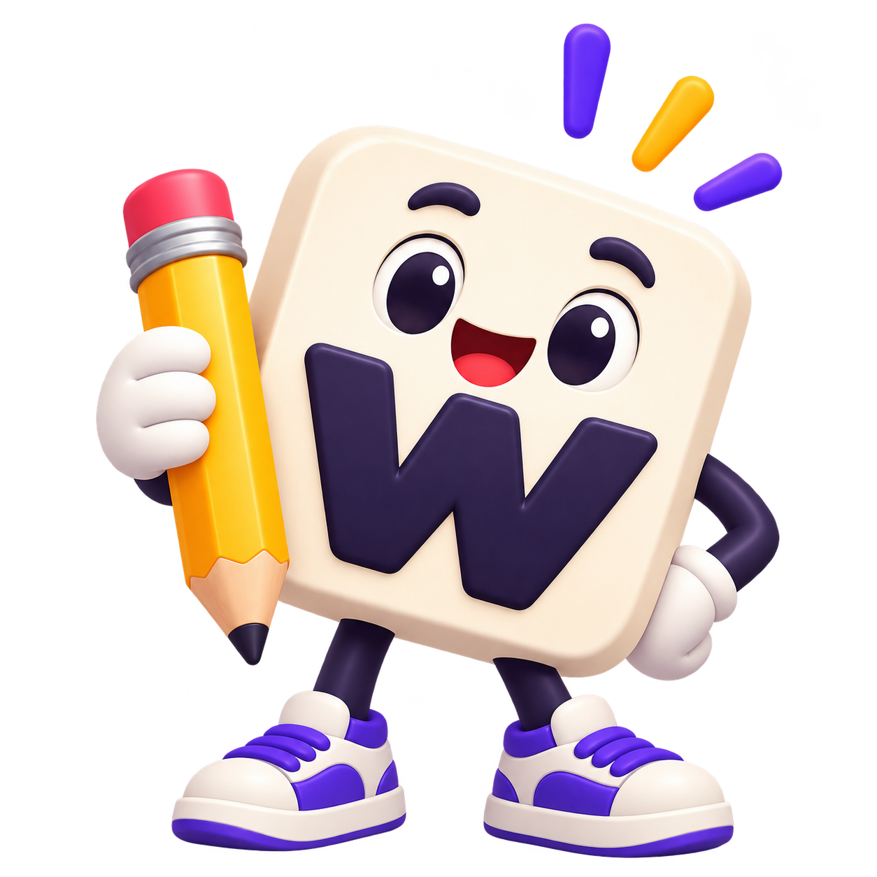 Wordgami’s smiling W mascot holding a pencil